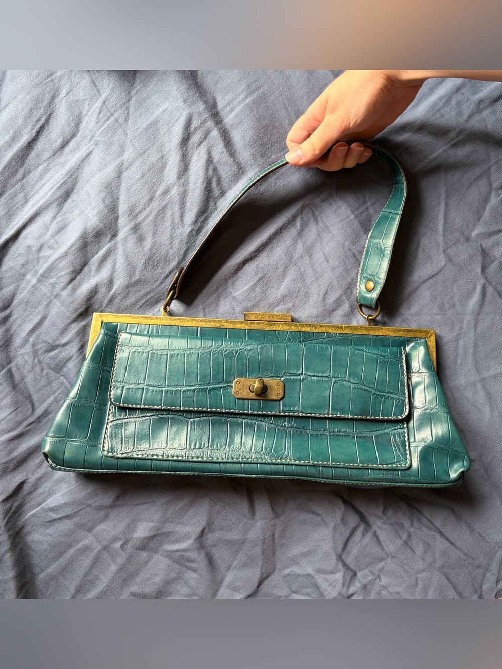 Y2K Teal Croc-Embossed Nine West Shoulder Bag with Brass Frame